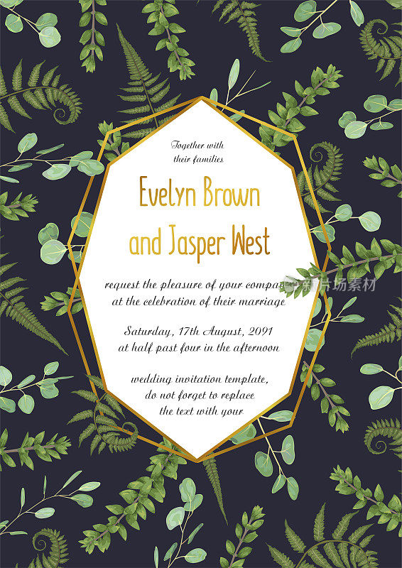 Design watercolor vector geometric golden frame on a black background with leaves of forest fern, boxwood and eucalyptus branches. Can be used for wedding invitations, postcards, posters, certificates